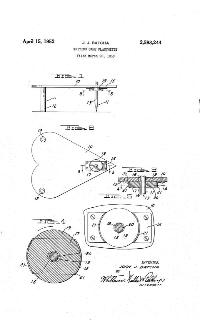 US 2,593,244, Writing Game Planchette, sheet 1