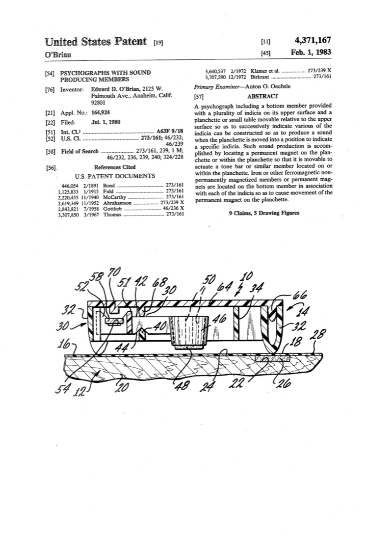 US 4,371,167, Psychographs with Sound Producing Members, sheet 1