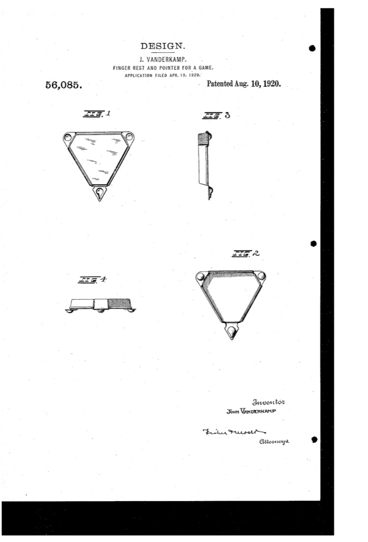 US Design 56,085, Design for a Finger-Rest and Pointer for a Game, sheet 1