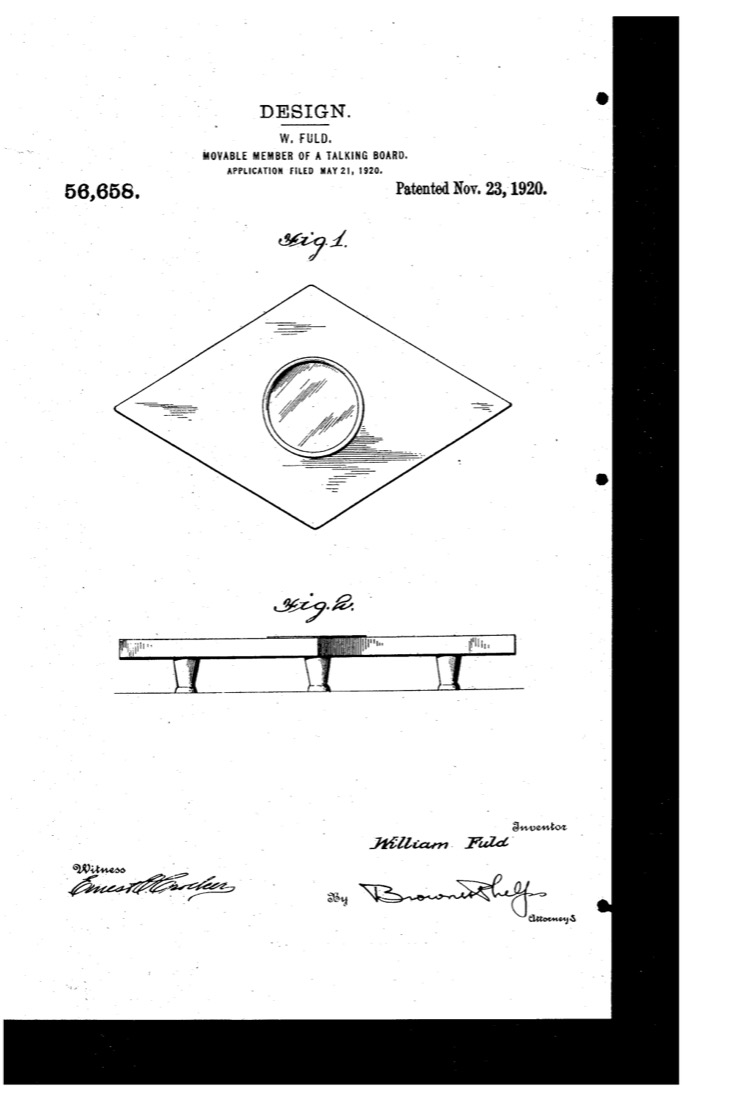 US Design 56,658, Design for the Movable Member of a Talking-Board, sheet 1